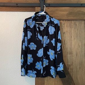 Black Button Up Dress Shirt w/ Blue Flowers